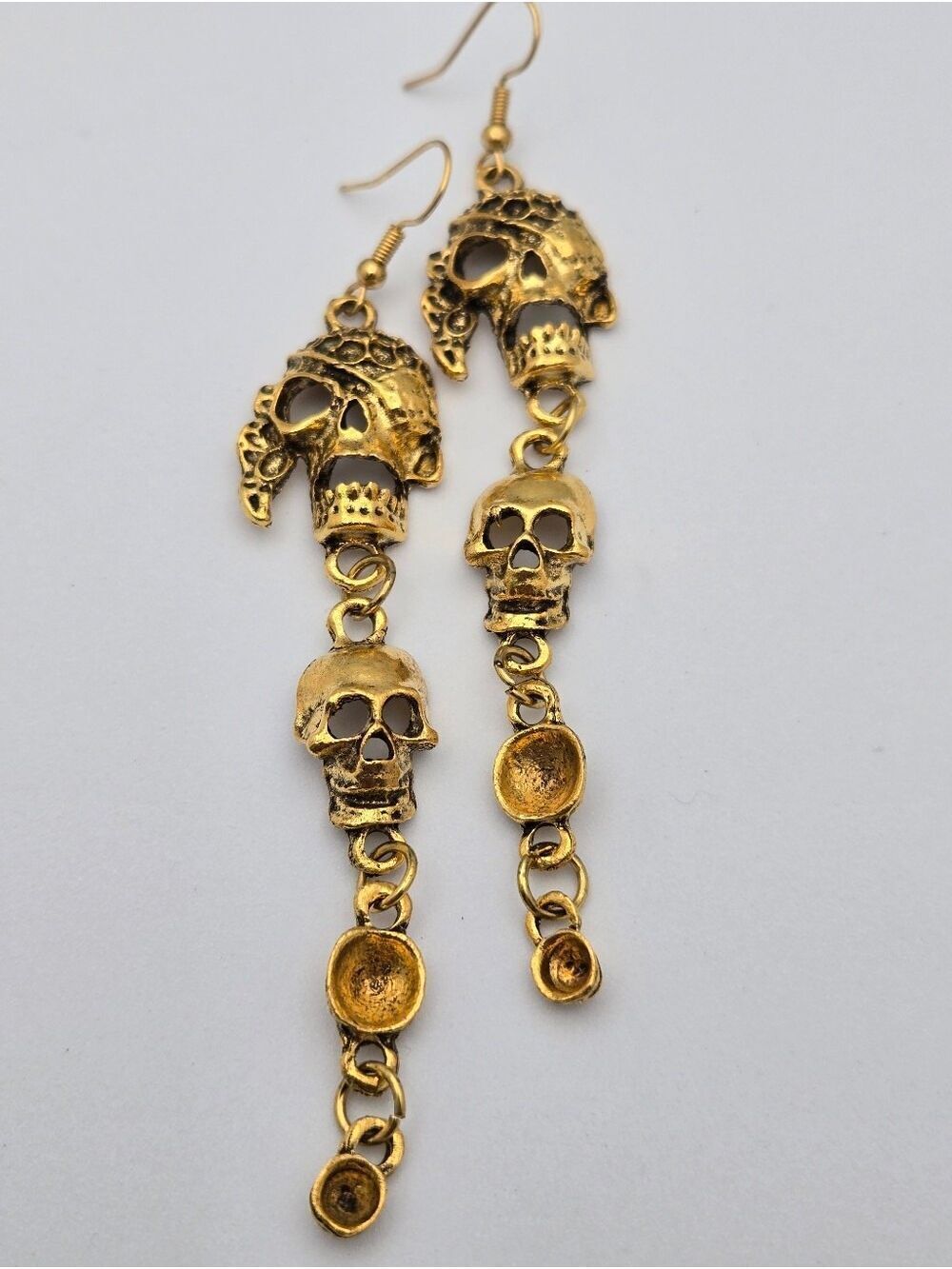 Punk Pirate Skeleton Earrings Antique Gold Dangle Statement Earrings 4”